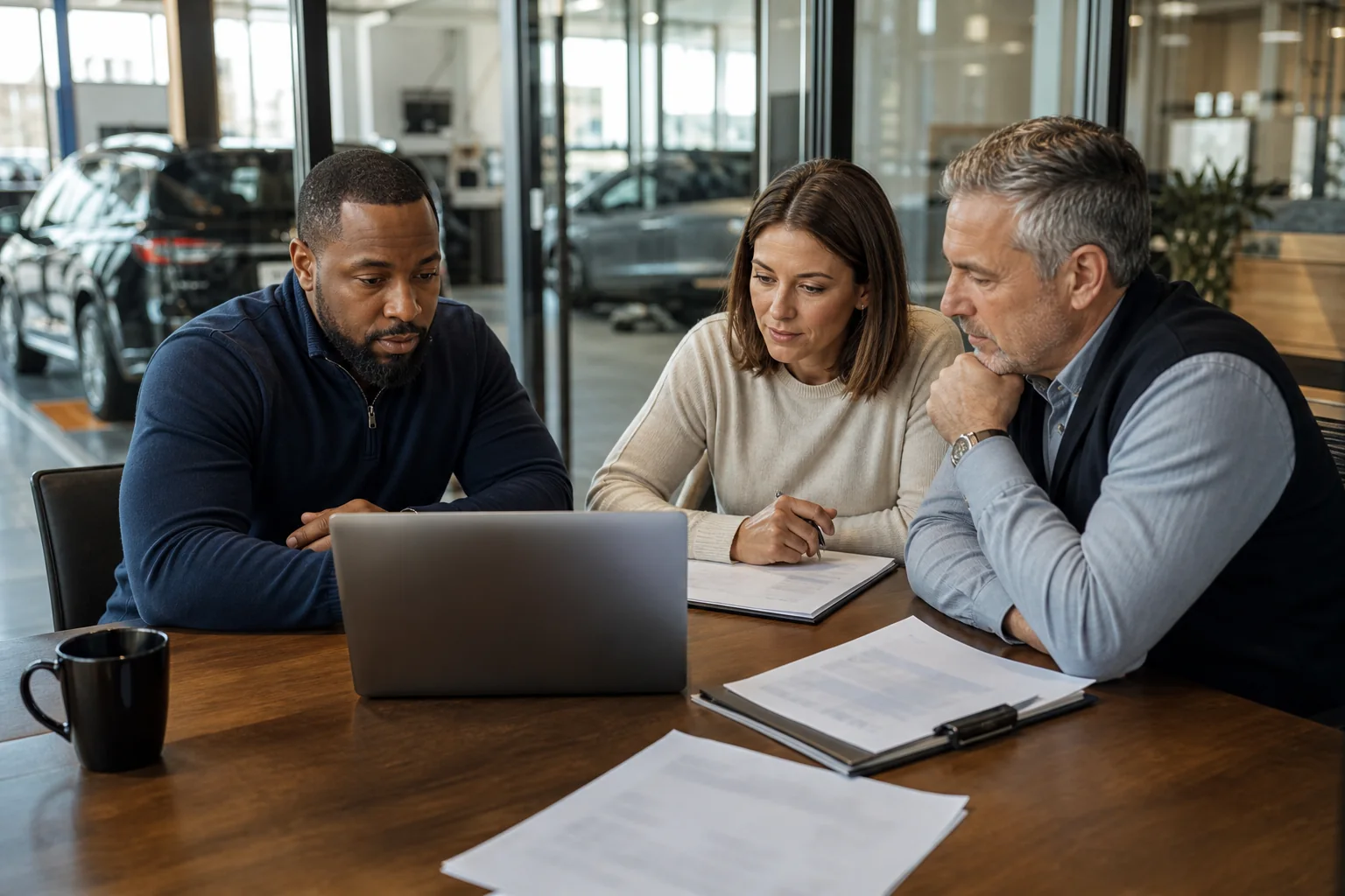 Three dealership operators collaborate around a laptop in an office overlooking the showroom.