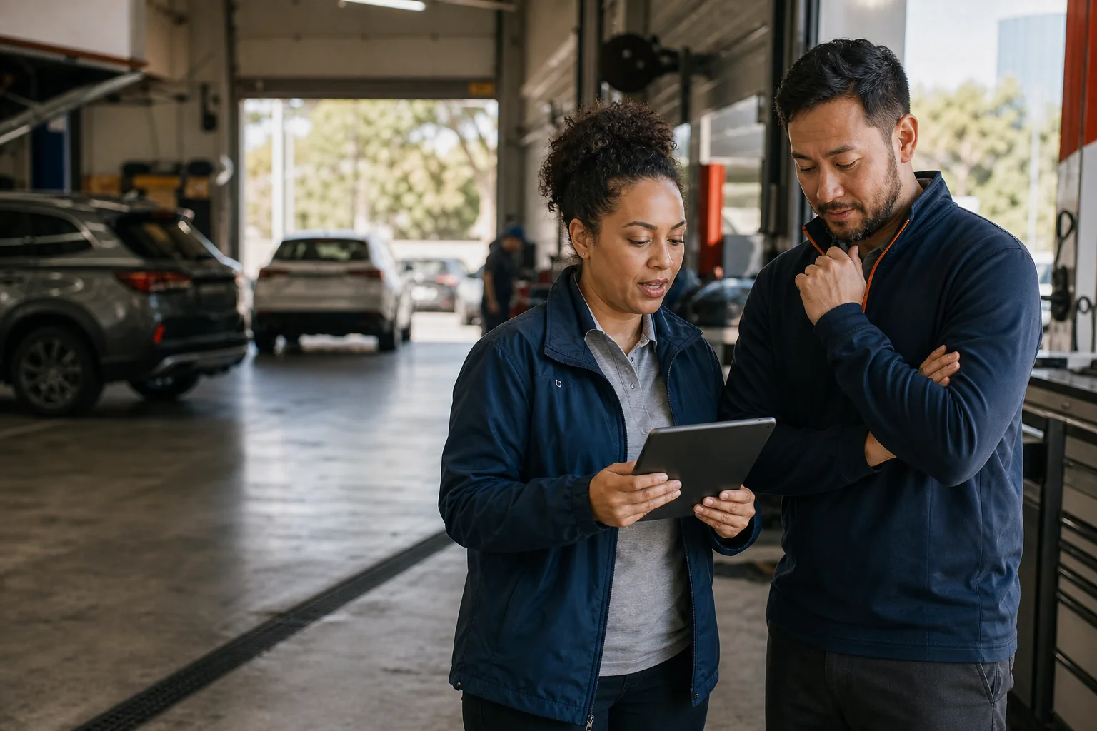 A service advisor and operations manager review dealership workflow on a tablet in a service bay.
